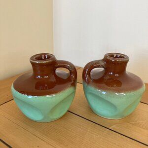 Emkay Candles Pottery Candle Holder Jug w/ Handle Green & Brown Vintage USA Made